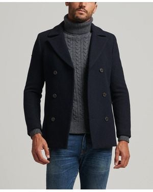 Superdry Wool Blend Short Pea Coat - Blue