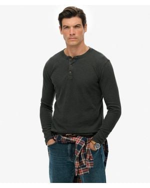 Superdry & Co Classic Logo Patch Relaxed Fit Waffle Cotton Henley Top - Black