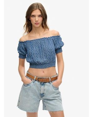 Superdry & Co Classic Smocked Short Sleeve Crop Top - Blue