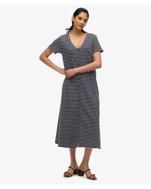 Superdry Cotton Short Sleeve Button Through Jersey Midi Dress - Blue