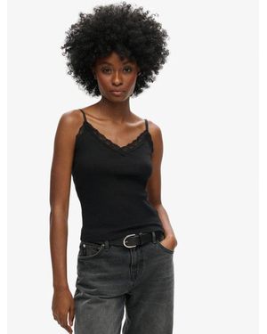 Superdry & Co Ladies Organic Cotton Vintage Rib Lace Trim Cami Top - Black