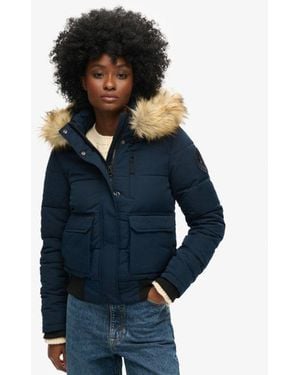Superdry & Co Fully Lined Embroidered Badge Hooded Everest Puffer Bomber Jacket - Blue