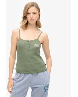 Superdry & Co Ladies Slim Fit Embroidered Logo Athletic Essentials Button Down Cami Top - Green