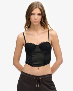 Superdry & Co Satin And Mesh Lace Corset Top - Black