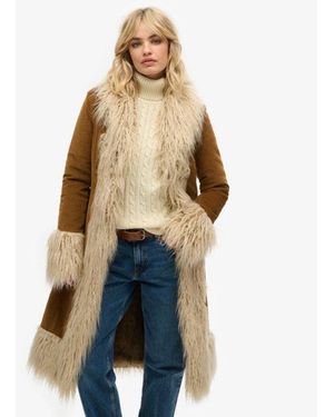 Superdry Faux Fur Lined Longline Afghan Coat - Blue