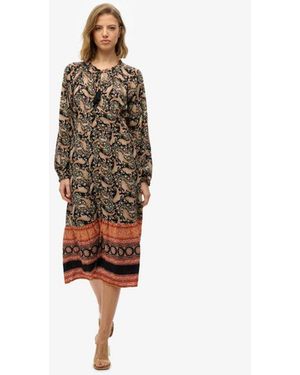 Superdry Paisley Print Long Sleeve Midi Dress - Black