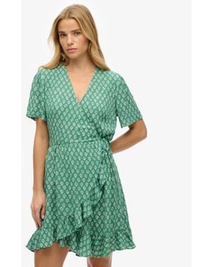 Superdry Short Sleeve Printed Mini Wrap Dress - Green