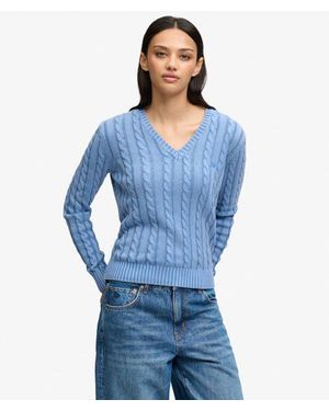 Superdry & Co Washed V Neck Cable Jumper - Blue