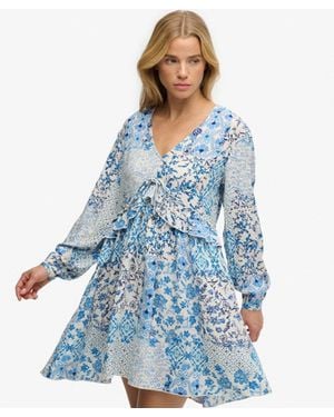 Superdry Woven Tiered Mini Dress - Size: 8 - Blue