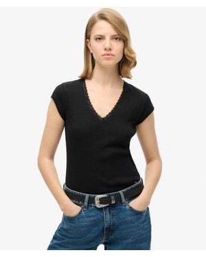 Superdry & Co Lace Trim Athletic Essentials V-neck Top - Black