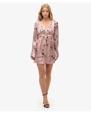 Superdry & Co Floral Print Flare Sleeve Jacquard Mini Dress - Pink