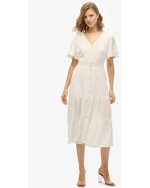 Superdry Lace Detail Ibiza Short Sleeve Midi Tea Dress - Natural