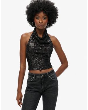 Superdry & Co Sequin Cowl Halter Neck Top - Black