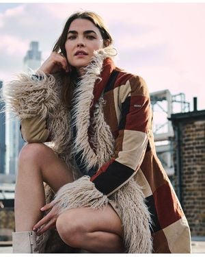 Superdry Patchwork Long Afghan Coat - Brown