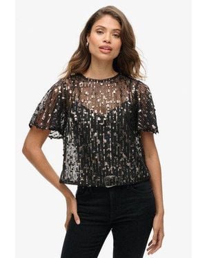 Superdry Sequin Sheer Short Sleeve Top - Black