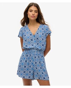 Superdry Femme Combi-Short Imprimé À Manches Courtes Taille - Bleu