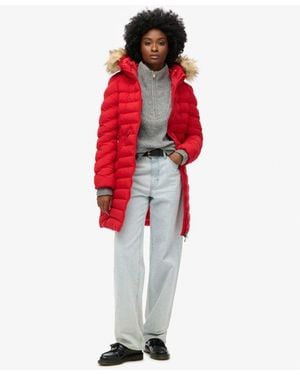 Superdry Fuji Faux Fur Hood Mid Length Puffer Coat - Red