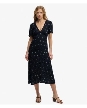 Superdry Printed Button Short Sleeve Midi Tea Dress - Black
