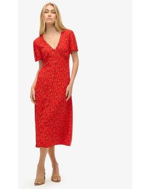 Superdry Printed Button-up Short Sleeve Midi Tea Dress - Red