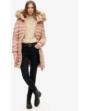 Superdry Fuji Faux Fur Hood Mid Length Puffer Coat - Natural