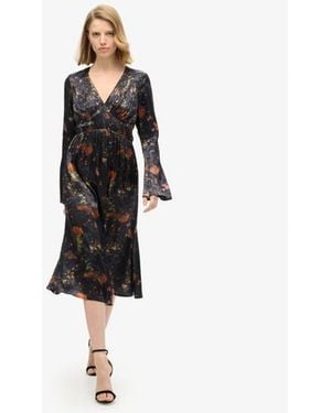 Superdry Floral Print Flare Sleeved Jacquard Midi Dress - Black