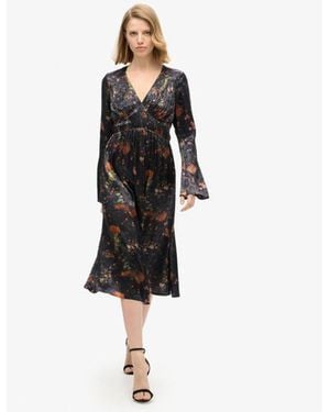 Superdry Floral Print Flare Sleeved Jacquard Midi Dress - Black
