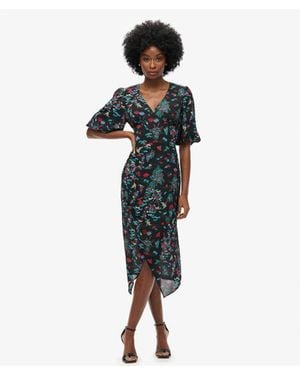 Superdry Floral Print Short Sleeve Sheer Midi Dress - Blue