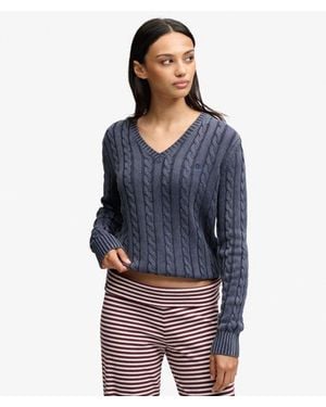 Superdry Washed V Neck Cable Sweater - Blue