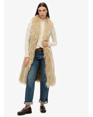 Superdry & Co Faux Fur Afghan Long Gilet - Natural