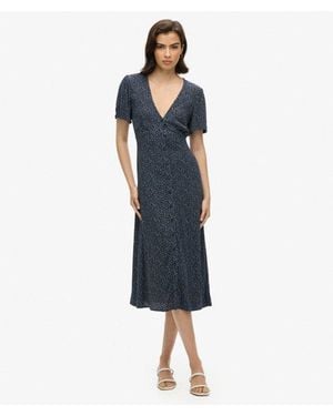 Superdry Printed Button-up Short Sleeve Midi Tea Dress - Blue