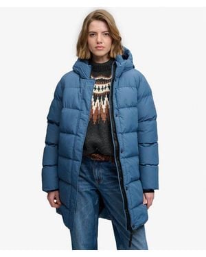 Superdry Hooded Sports Puffer Mid Length Jacket - Blue