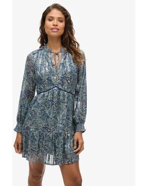 Superdry & Co Paisley Print Relaxed Fit Printed Long Sleeve Metallic Mini Dress - Blue
