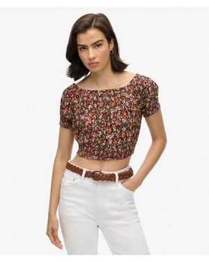 Superdry Smocked Short Sleeve Crop Top - Brown