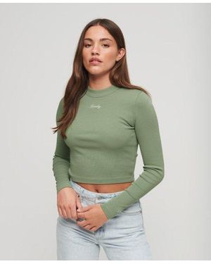 Superdry Ribbed Long Sleeve Embroidered Crop Top - Green