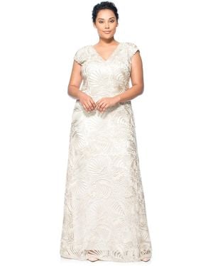 Tadashi Shoji Official Online Boutique Passementerie Seashell Embroidered Tulle V-Neck Gown - White