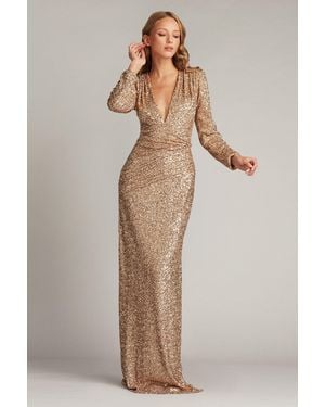 Tadashi Shoji Official Online Boutique Jazzy Sequin Mesh Plunge Gown - Natural