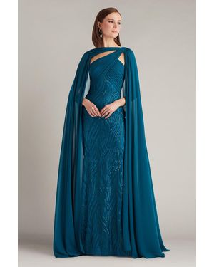 Tadashi Shoji Tullett Sequin Embroidered Cape Gown-Stryn - Blue
