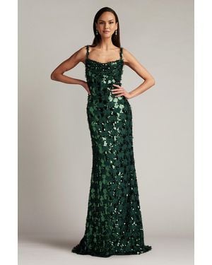 Tadashi Shoji Tinker Sequin Eyelash Fringe Gown-Jngrn - Green