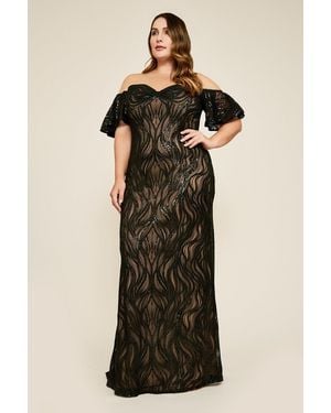Tadashi Shoji Official Online Boutique Nerilla Sequin Off-The-Shoulder Illusion Gown - Black