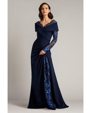 Tadashi Shoji Official Online Boutique Basel Pleated Crepe Illusion Gown - Blue