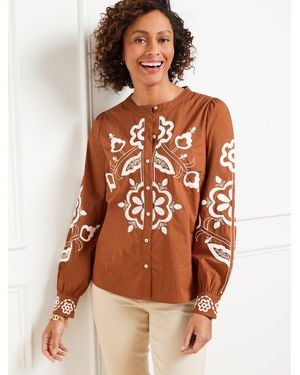 Talbots Embroidered Poplin Top - Brown