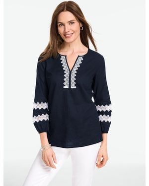 Talbots Lace Trim Linen Blend Top - Blue