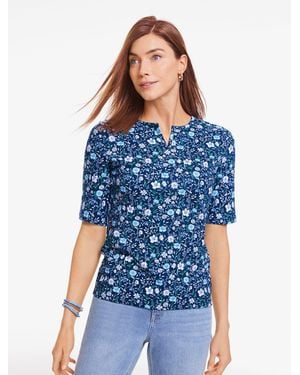 Talbots Elbow Sleeve Split Neck T-shirt - Blue