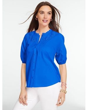 Talbots Lace Trim Button Front Voile Top - Blue