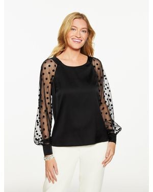 Talbots Soft Satin Charmeuse Mesh Sleeve Top – Glitter Dot - Black