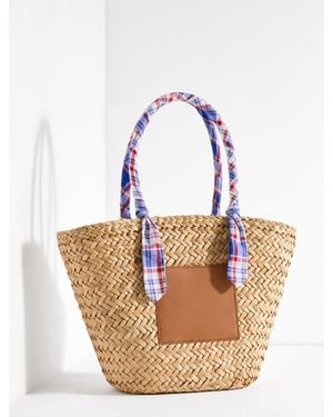 Talbots Fresh Madras Scarf Straw Tote - Natural