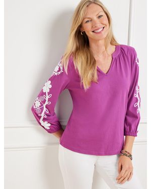 Talbots Embroidered Split Neck T-shirt - Purple