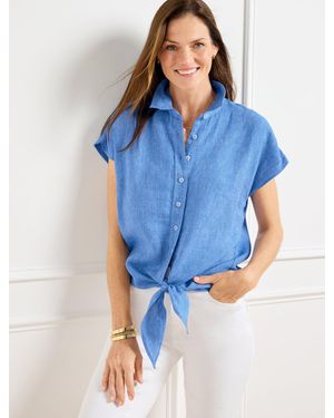 Talbots Tie Hem Button Front Linen Top - Blue