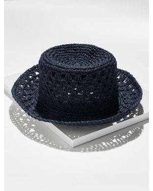 Talbots Crochet Straw Mixed Stitch Bucket Hat - Blue