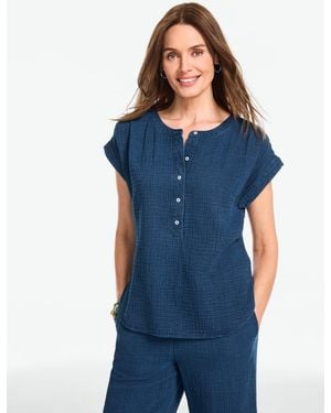 Talbots Gauze Band Collar Popover Shirt - Blue